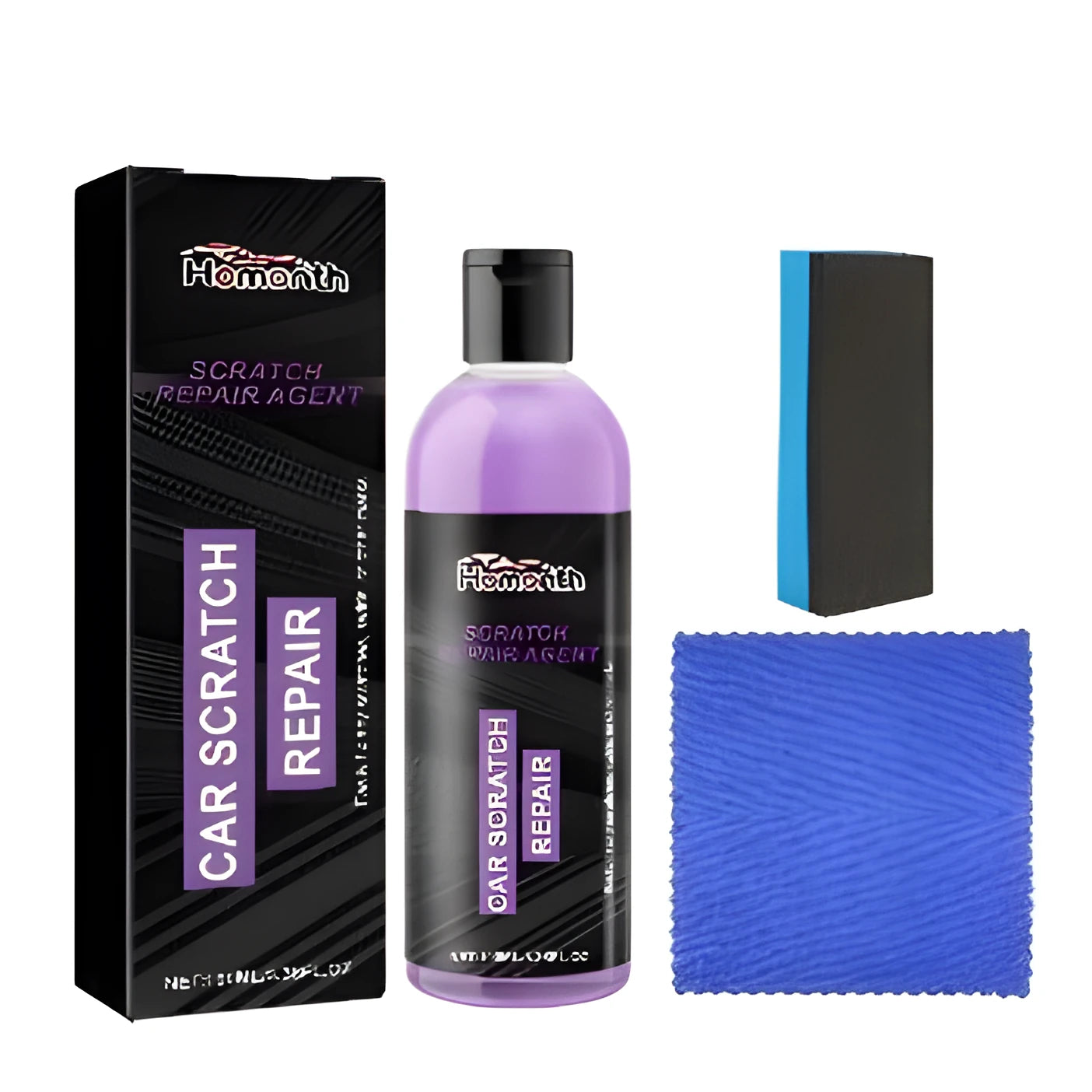 Scratch repair kit with 100ml bottle, foam sponge applicator and microfiber cloth for surface restoration