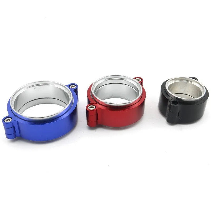 Aluminium car exhaust clamp in black on a 3-inch turbo downpipe