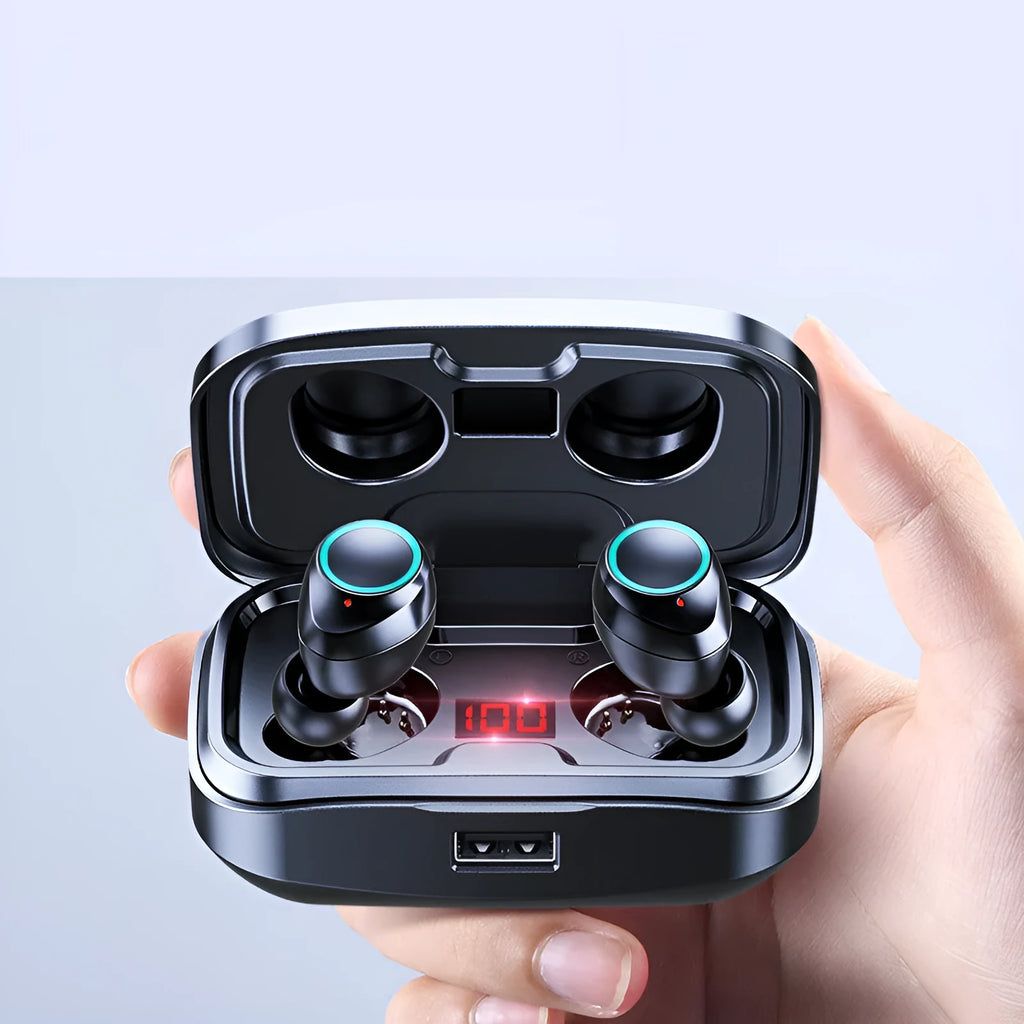 Wireless in-ear earphones with Bluetooth 5.0 in black, blue, and red colour options.