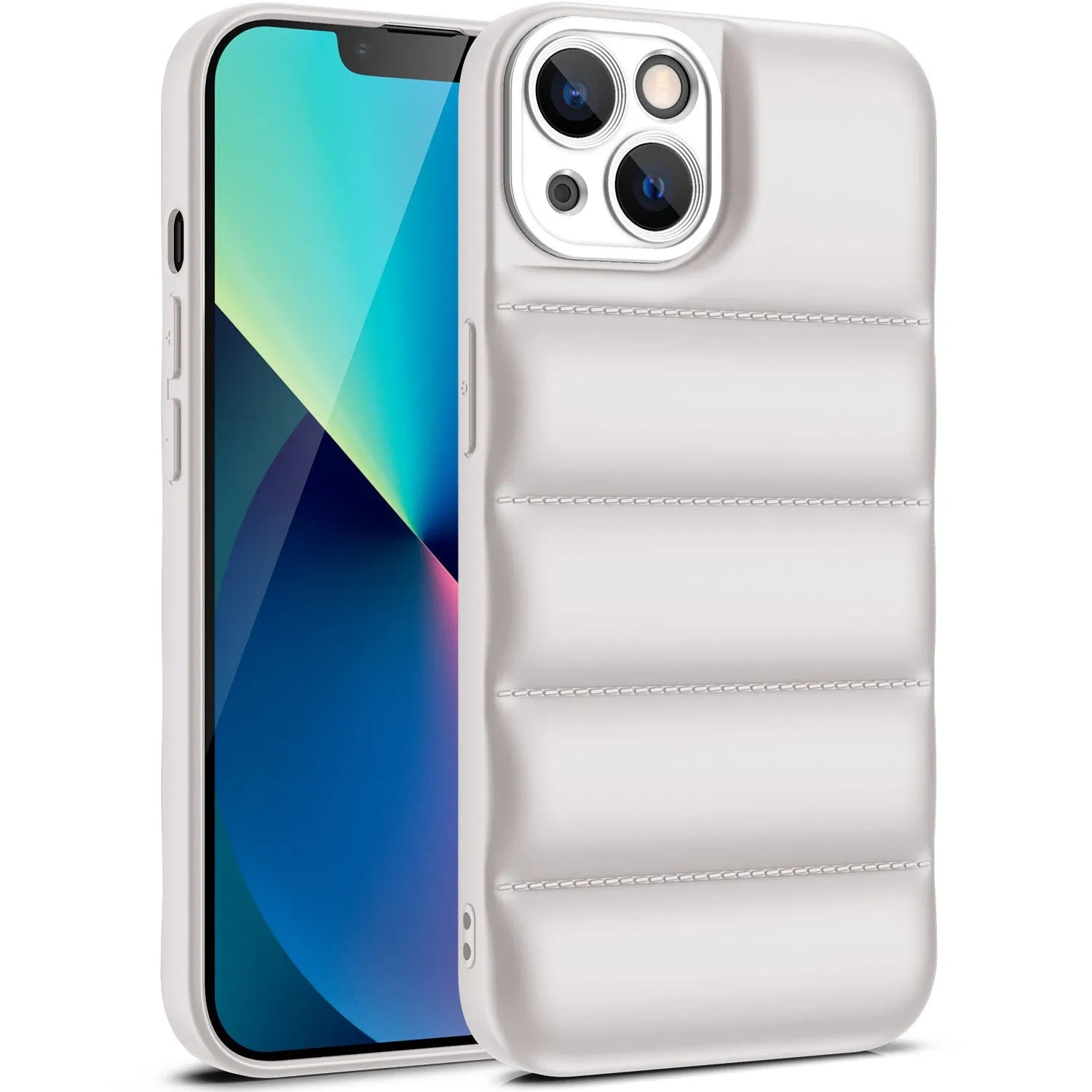 Down jacket style flexible TPU phone case for iPhone, shown in solid blue colour.