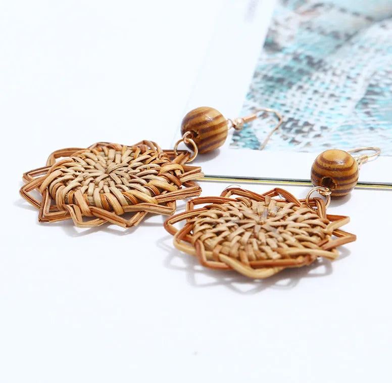 Handmade brown rattan and bamboo earrings for women with electroplated finish, Japanese Korean style drop design, one pair