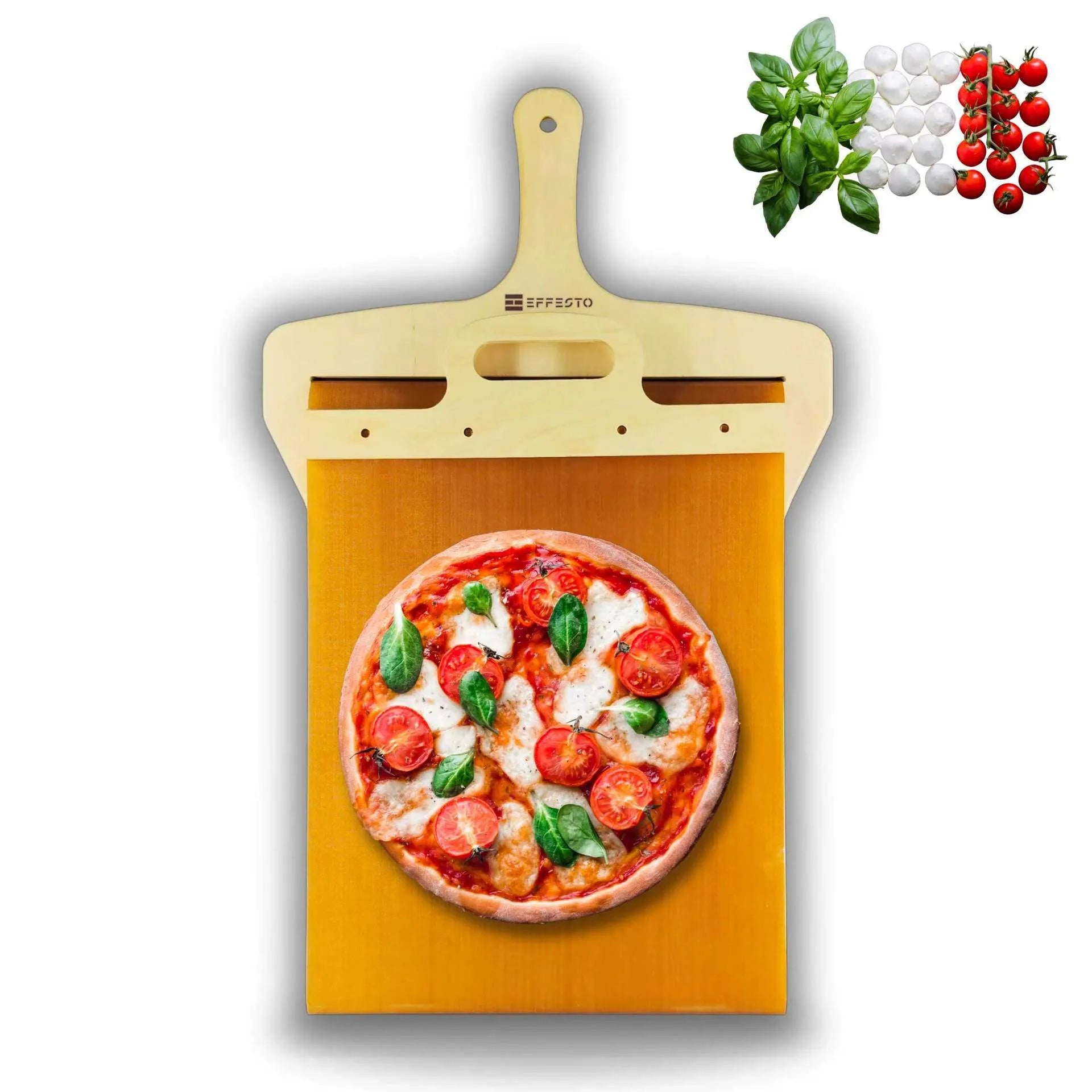 Food-grade PP plastic pizza transfer shovel on a kitchen counter, showing its size and hanging hole.