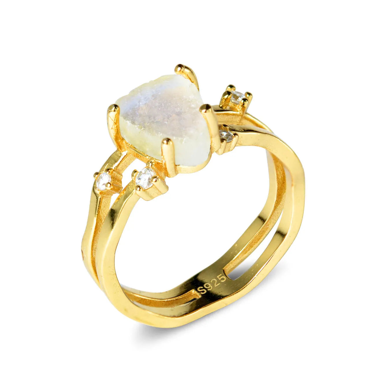 S925 silver geometric ring with an irregular triangle shape and moonstone setting in rose gold, white, or yellow gold colour.