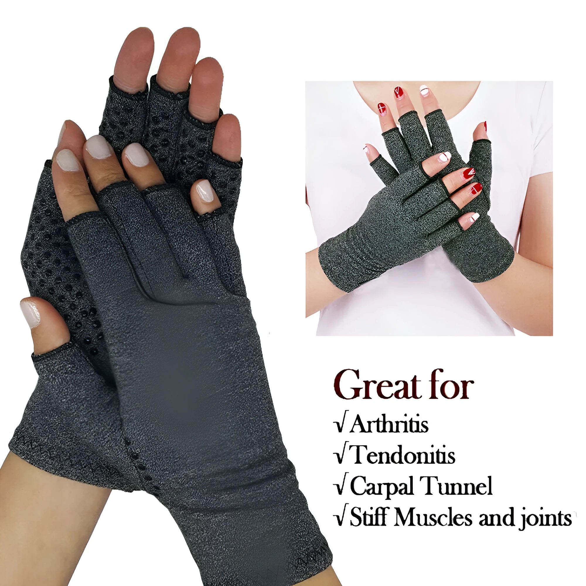 Grey half-finger compression gloves with anti-slip grip palm, shown in a flat lay.