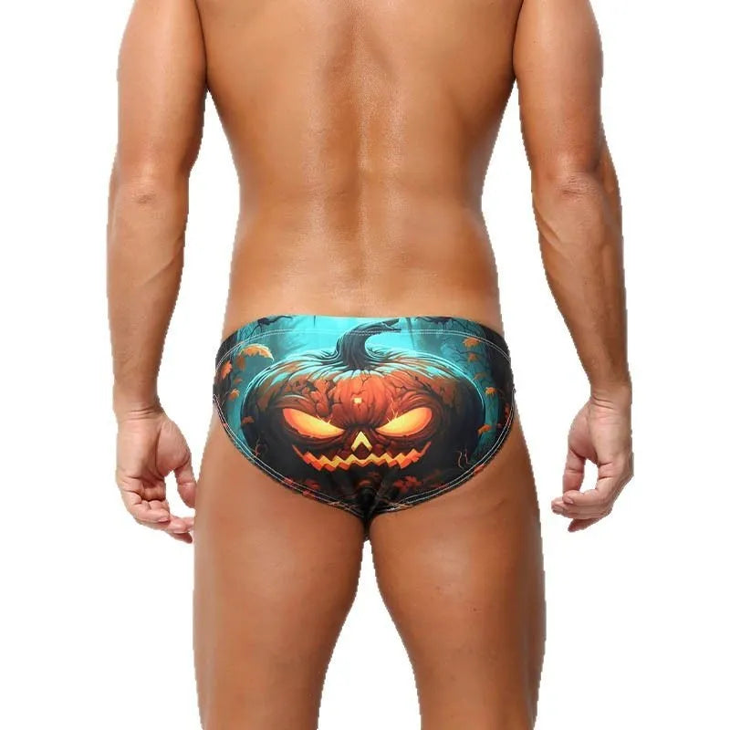 Men's quick-drying digital print shorts in briefs style on a white background.