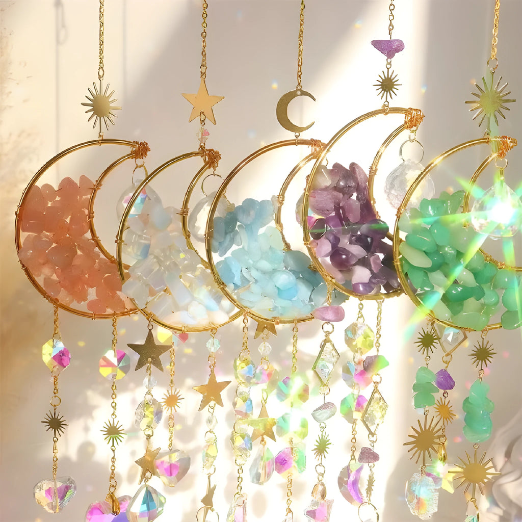 K9 crystal moon pendant for car in blue, green, pink, purple, or white.