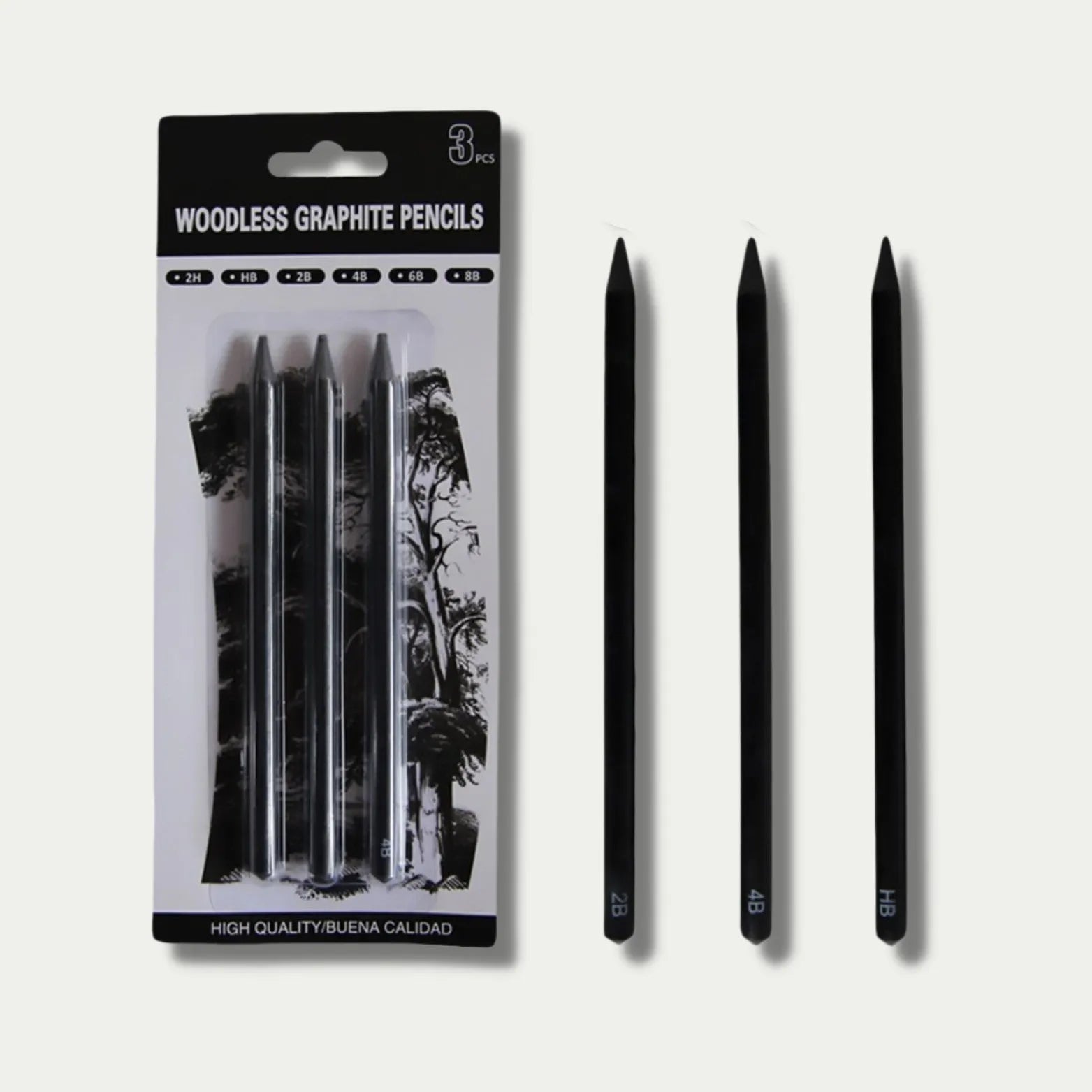 Set of six wood-free graphite sketching pencils with grades HB, 2B, 4B, 6B, 8B, and EE.