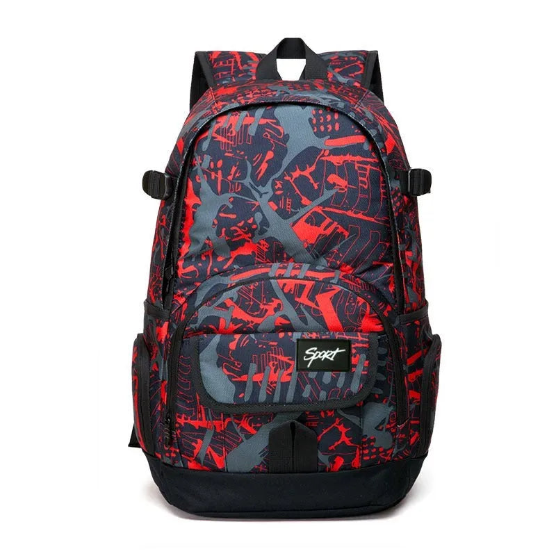 Classic blue nylon backpack with large main compartment shown on a plain background.