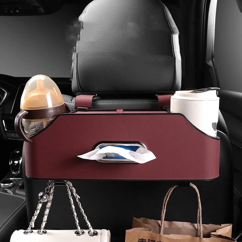 Genuine leather multifunctional car tissue box and cup holder organiser in beige colour.