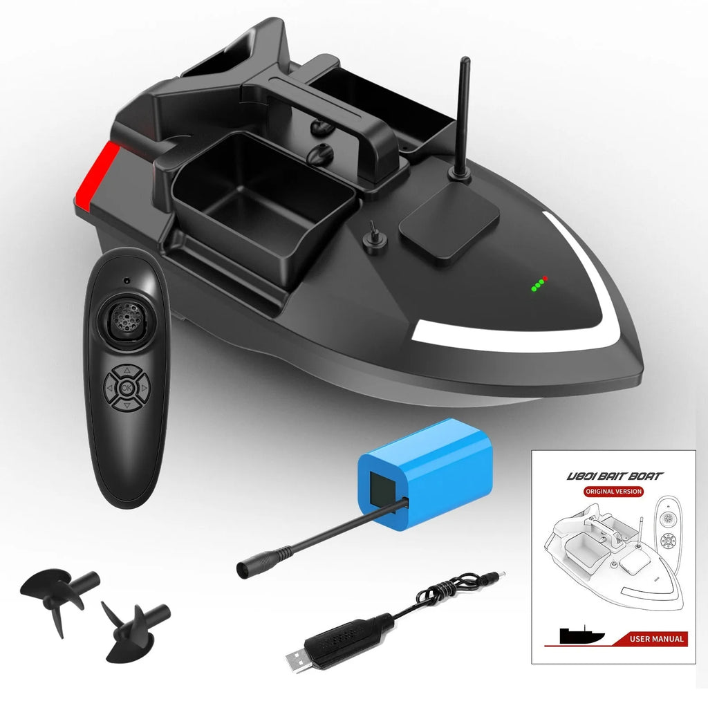 V020 black remote control fishing boat with GPS antenna on a calm lake.