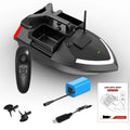 V020 black remote control fishing boat with GPS antenna on a calm lake.