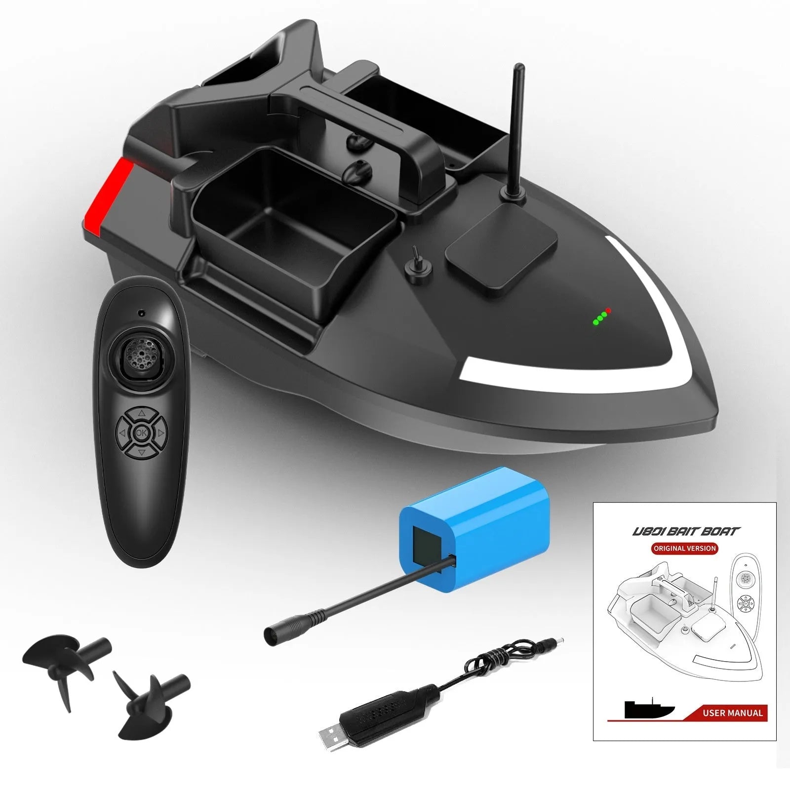 V020 black remote control fishing boat with GPS antenna on a calm lake.