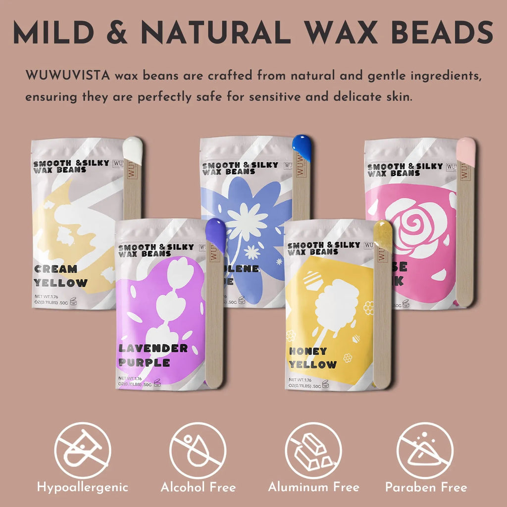 Professional waxing kit with hard wax beans, warmer, lotion, ice masks and applicators for face, body and nose.