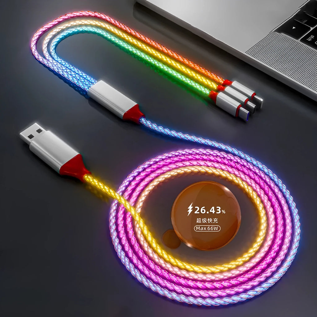 Colourful phantom gradient charging cable with Lightning, Micro USB, and Type-C connectors on a 1.2m cable