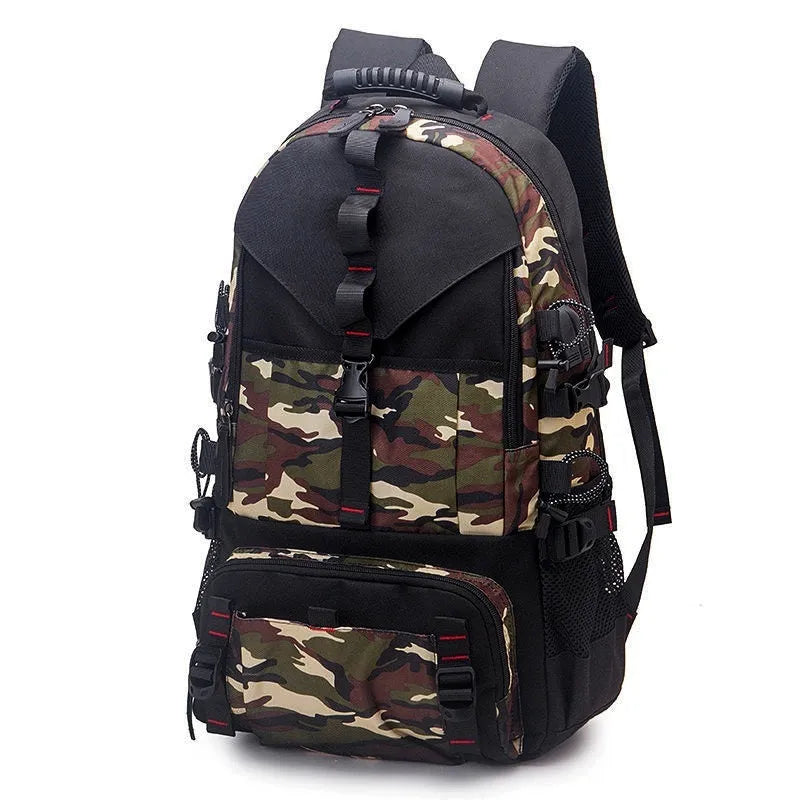 Men's black waterproof Oxford cloth hiking backpack with contrasting straps and large main compartment.