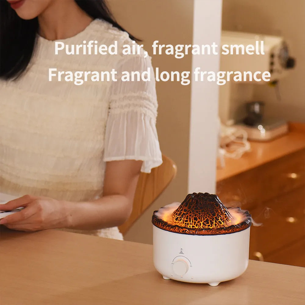 White simulated flame volcano humidifier and aroma diffuser with remote control