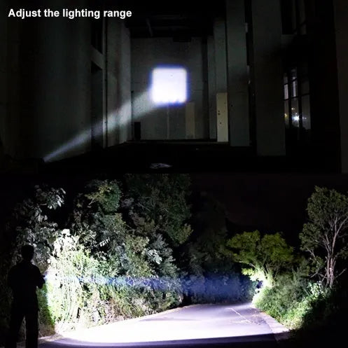 Black aluminium telescopic zoom LED flashlight with clip, shown zoomed in and out.