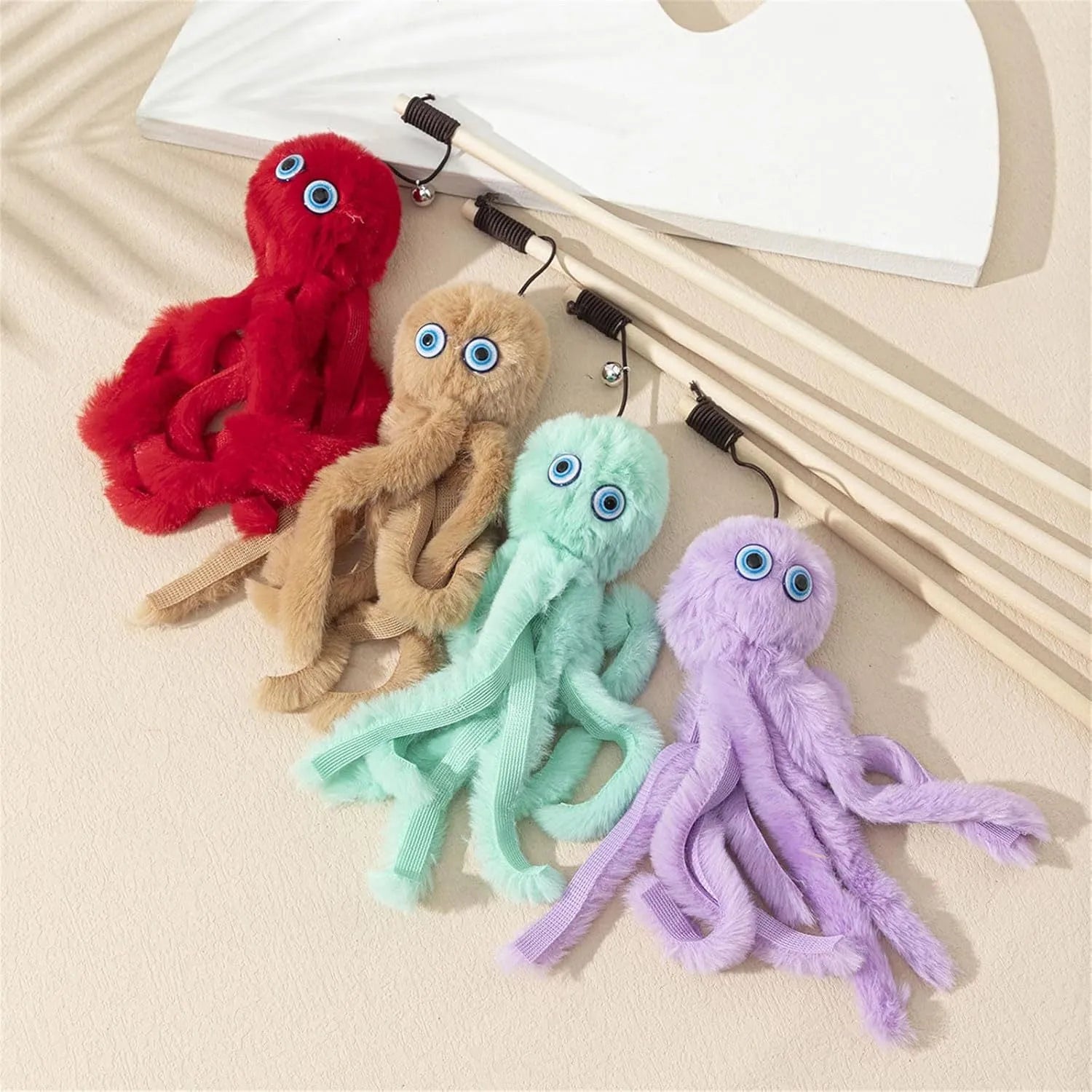 Octopus cat toy with long stick in grey, pink, purple or red colours for indoor kittens