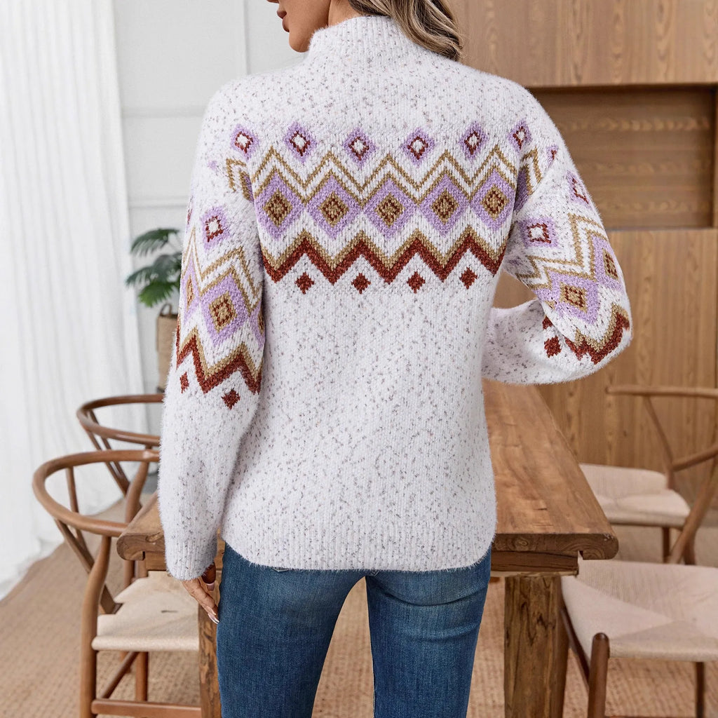 White geometric pattern half turtleneck jacquard sweater with loose fit and long sleeves