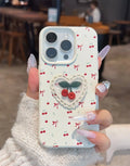 Cherry embroidered silicone iPhone case in litchi pattern white with three-dimensional raised embroidery design