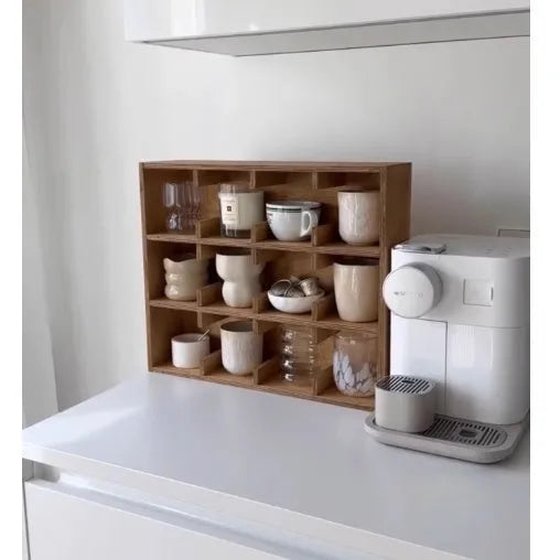 Solid birch wood cup storage rack with multiple square grids in natural meridian colour