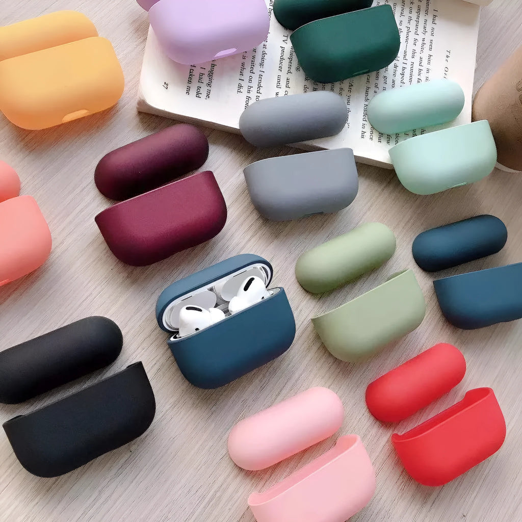 Plastic protective case for AirPods Pro in multiple colour options including light blue and grass green.