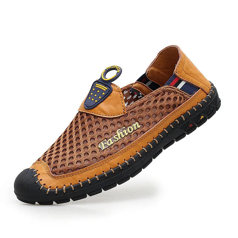 Men's brown casual mesh shoes with round toe and non-slip rubber sole.