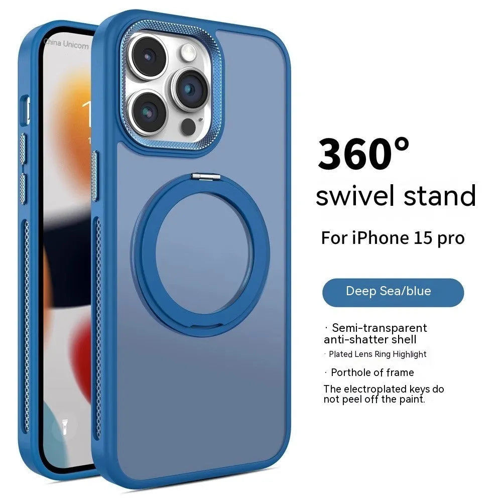 Rotating bracket magnetic suction phone case for iPhone showing frosted finish and integrated metal ring