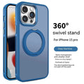 Rotating bracket magnetic suction phone case for iPhone showing frosted finish and integrated metal ring
