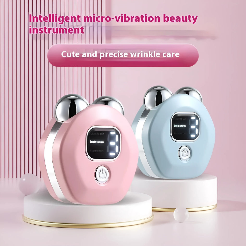 Portable white hot compress micro current double-roller facial massage instrument with USB cable.