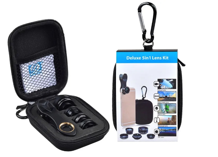Universal 5-in-1 smartphone lens kit with fisheye, wide-angle, macro, telephoto and CPL lenses