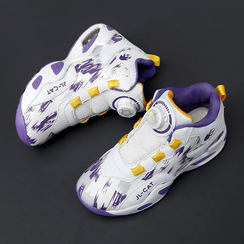 Boys' rotating button basketball shoes in black synthetic leather with cushioned PU sole