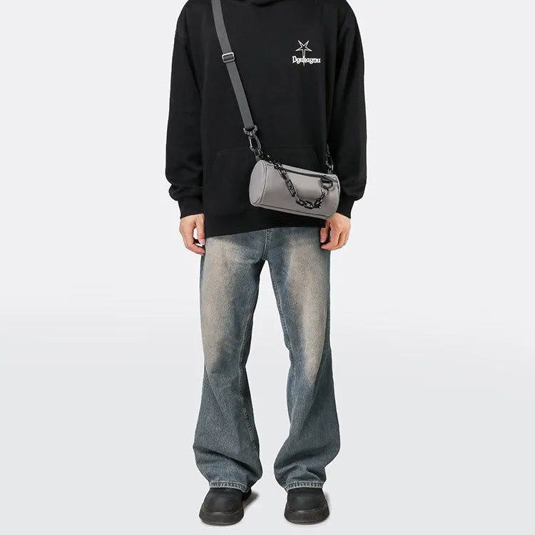 Oxford cloth crossbody messenger bag with chain detailing in black, grey or orange colour