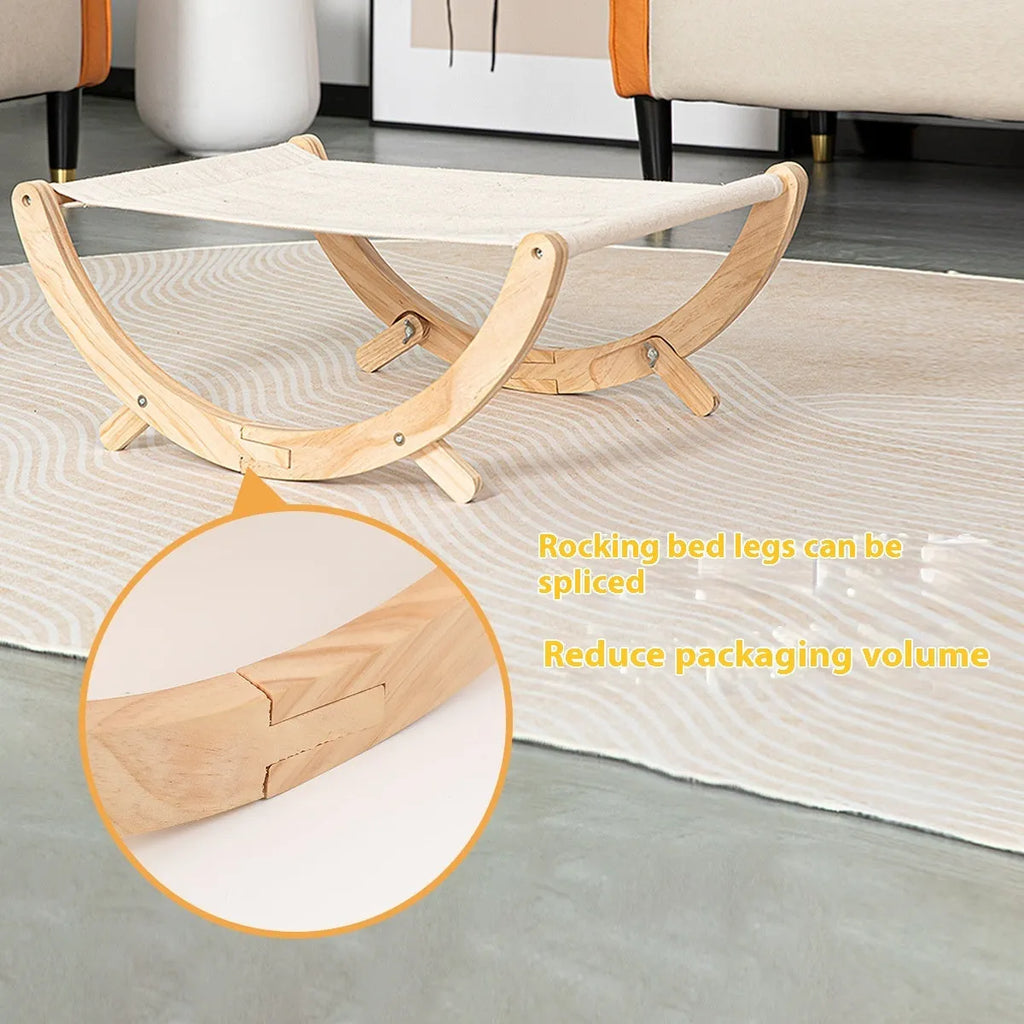 Solid wood foldable cat hammock bed with neutral brown frame and fabric matting
