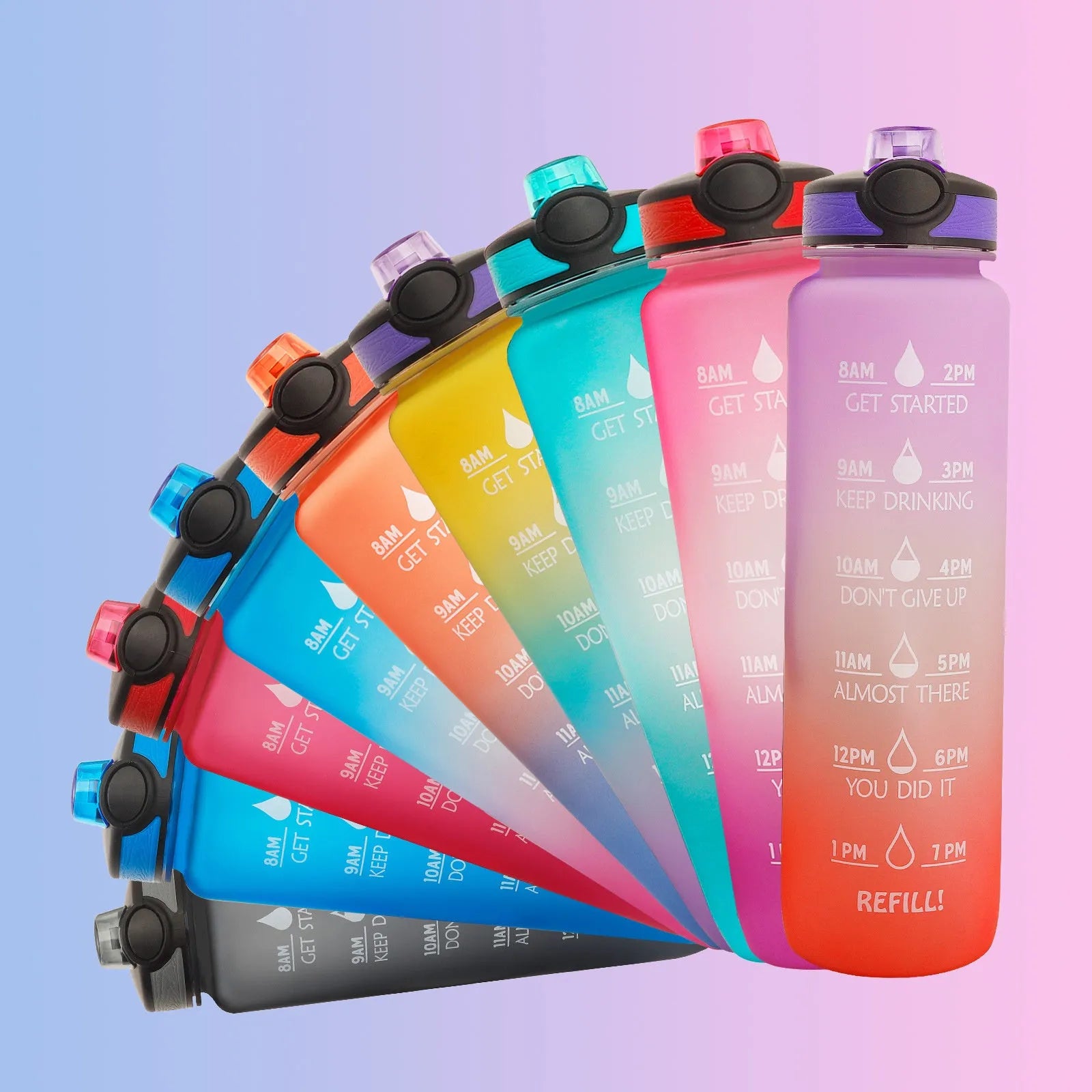 Blue and red gradient 1 litre Tritan sports water bottle with time markers and flip-top lid