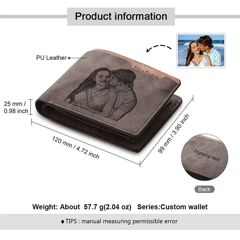 Coffee coloured horizontal PU leather men's wallet with a space for personalised photo engraving.