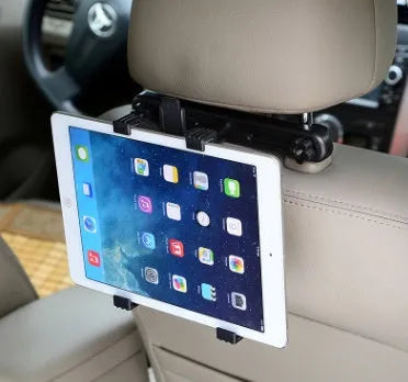 Black steel car headrest tablet holder mount holding an iPad for rear seat viewing