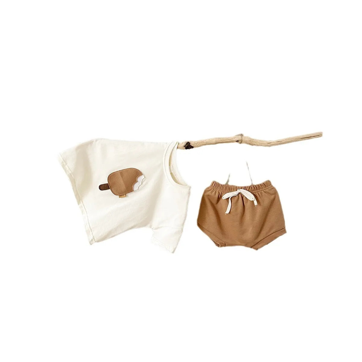 Girls' olive green cotton shorts suit set with ice cream patch detail on short sleeve shirt.