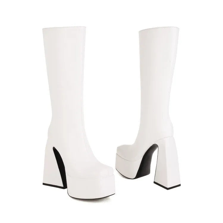 Women's black synthetic PU casual high boots shown alongside red, blue, white, and green colour options