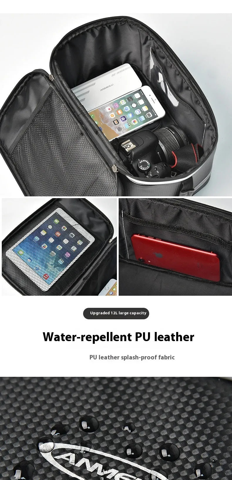 Black waterproof bicycle rack bag with 12L capacity for vehicle mountain equipment transport