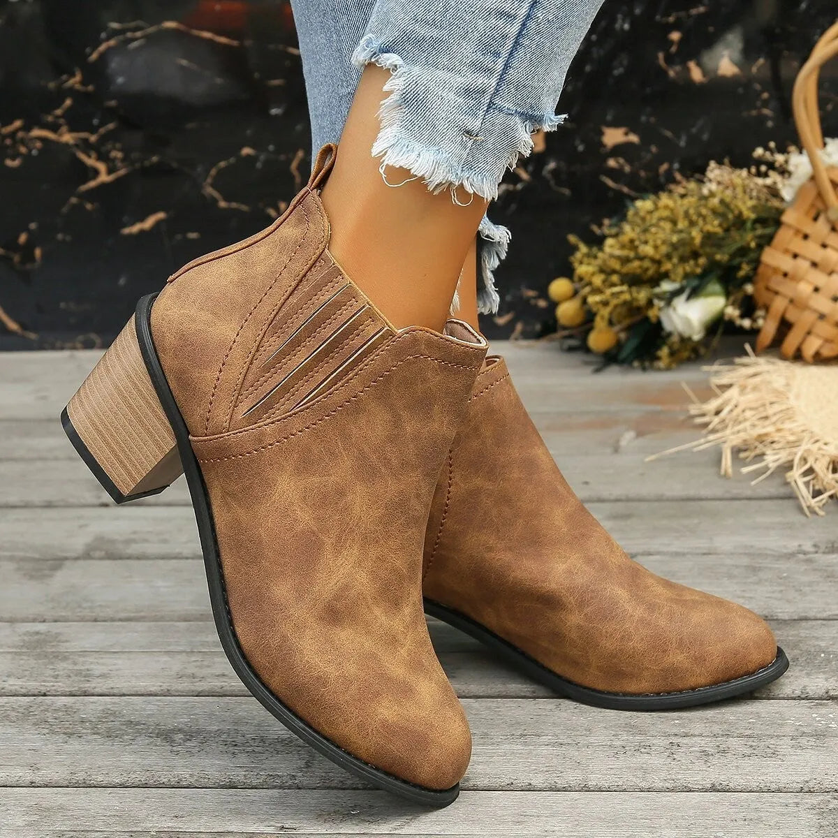 Women's black ankle boots with pointed toe and thick square low heel for autumn winter wear