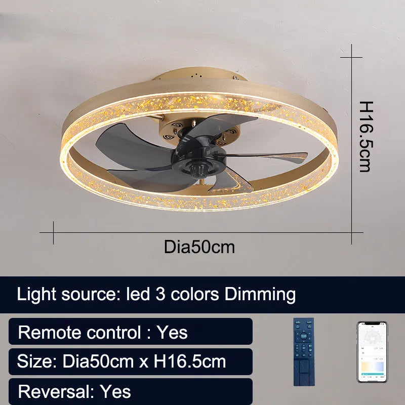 Nordic design ceiling fan light with remote control in 50cm diameter iron and acrylic construction
