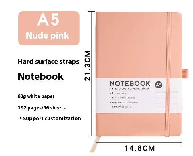 A5 diary with soft PU leather cover in a skin feeling texture, open to show horizontal line pages.