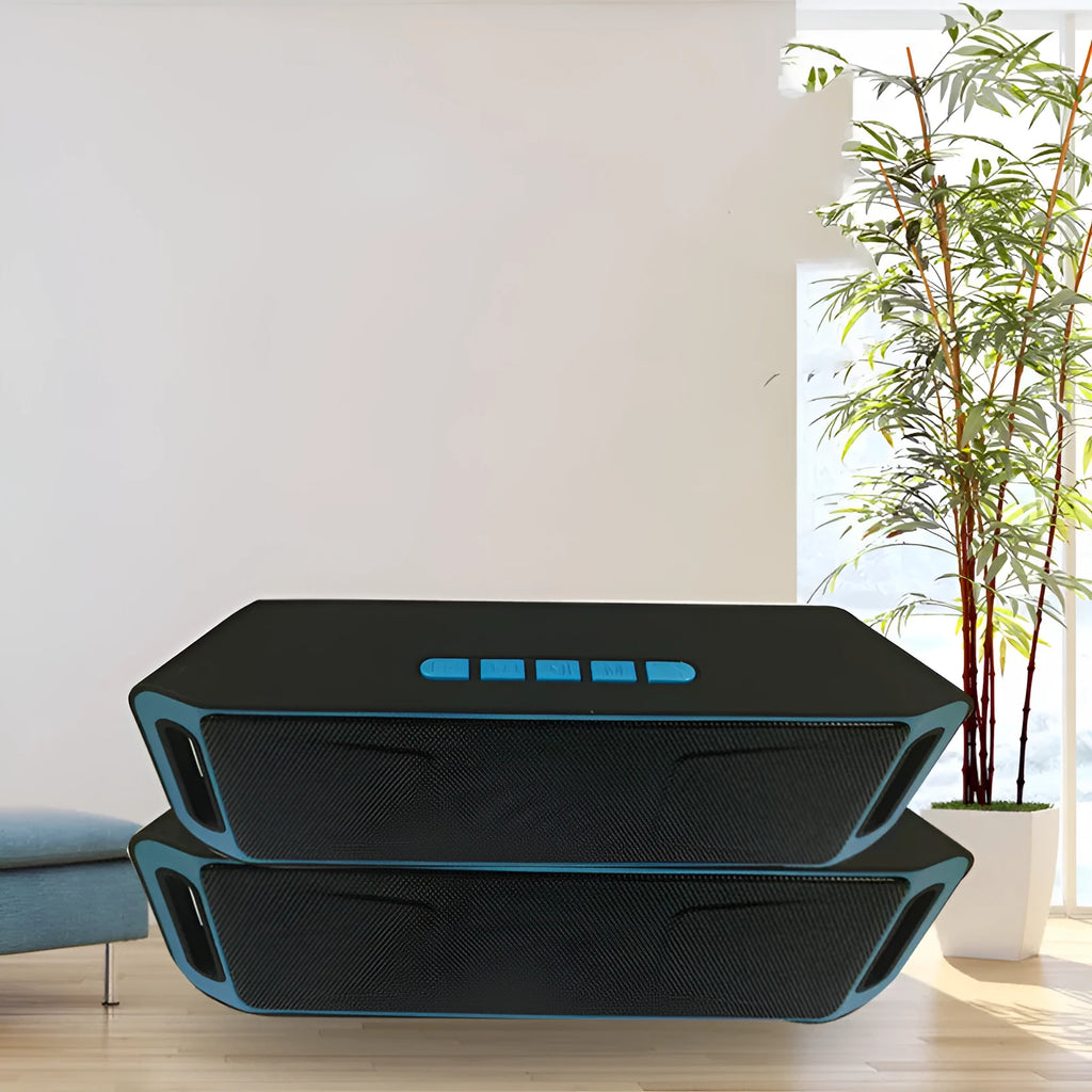 SC208 black rectangular Bluetooth speaker with iron mesh grille and silicone base