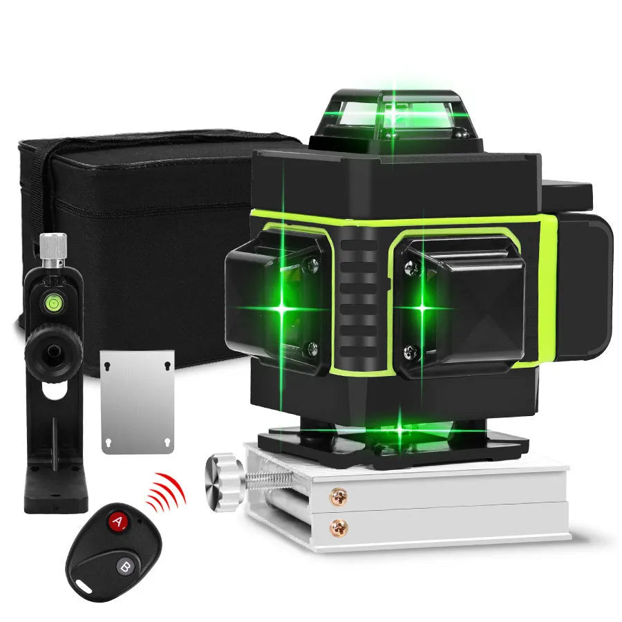 Rotating laser level with green and orange beam options showing 16-line projection pattern