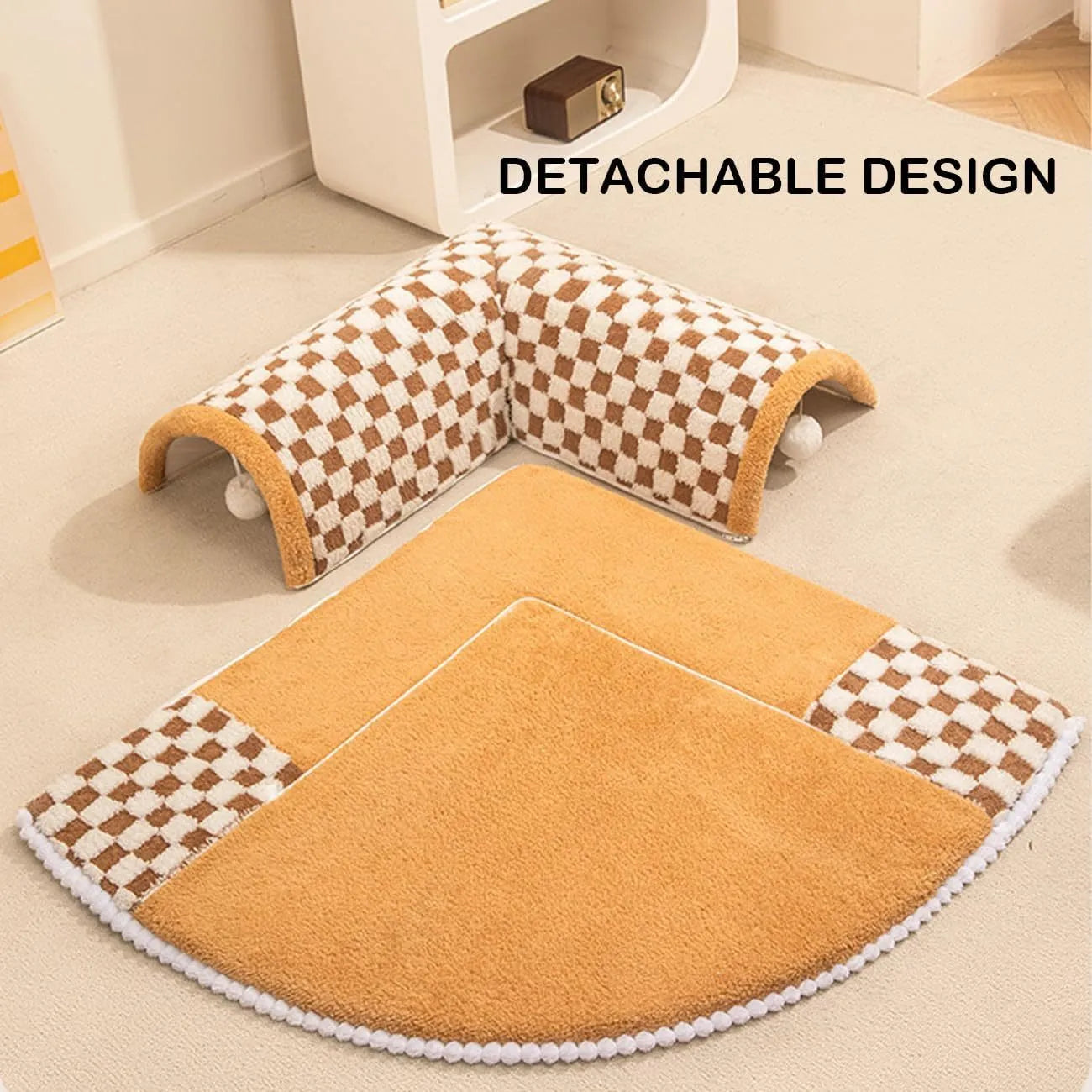 Soft plush fan-shaped 2-in-1 pet bed and tunnel for dogs and cats in plaid design.