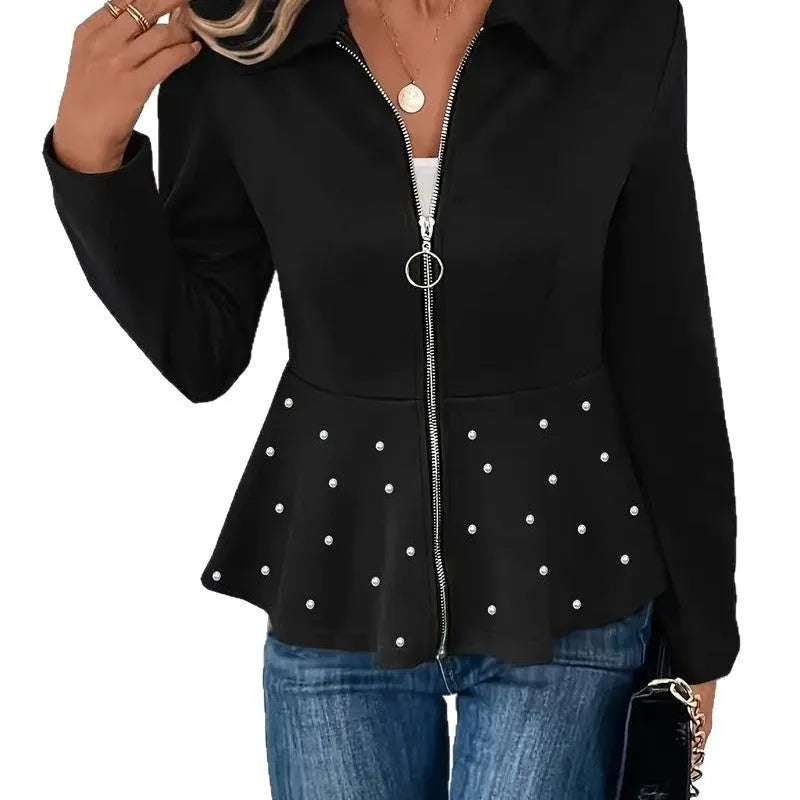 Women's loose-fit coat with beaded zipper and ruffled hem in dark red solid colour