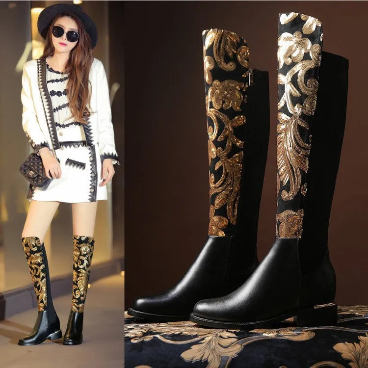 Women's black cowhide leather knight boots with round toe, thick heel, sequin detail, and high tube design