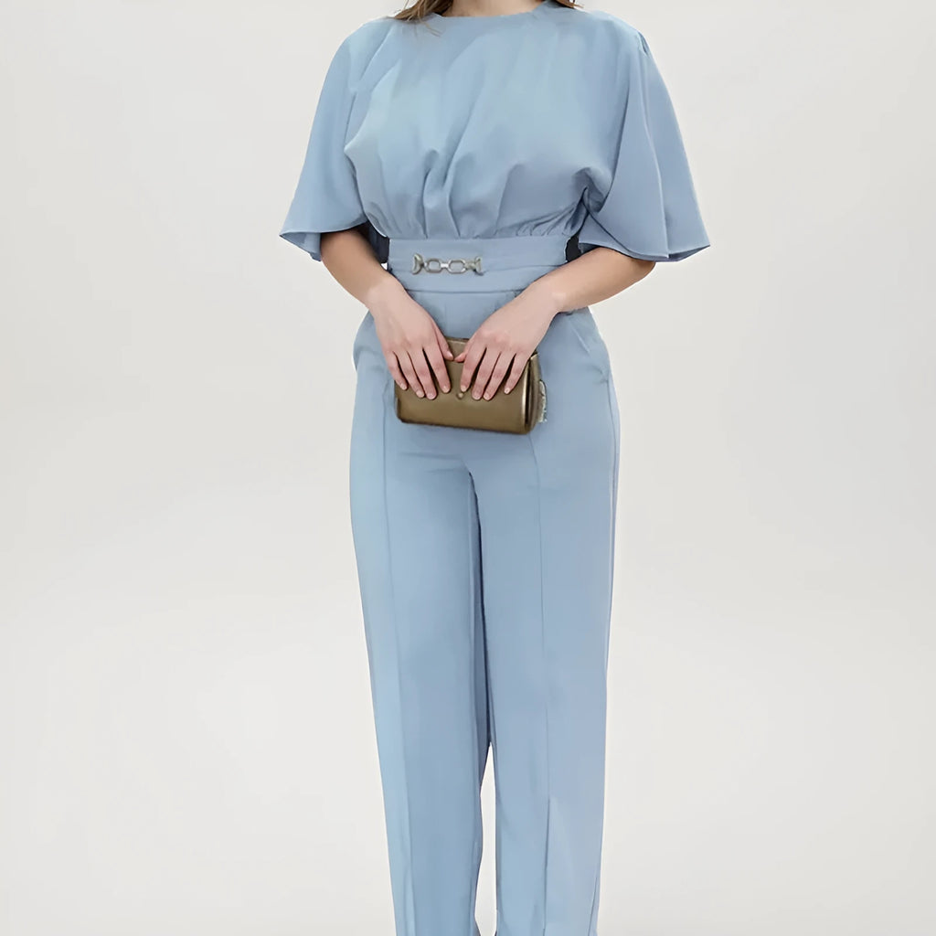 Blue men's two-piece casual suit with long sleeve polyester top and trousers
