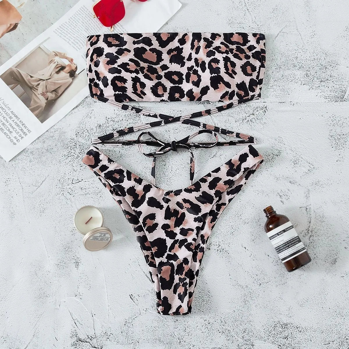 Leopard print bandeau split bikini swimsuit with chest pad, polyester fabric, three sizes available